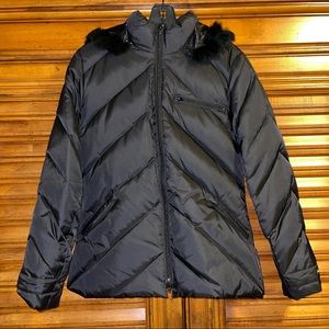 New BEBE Rabbit-Fur-Trim Hooded Puffer jacket Coat Black